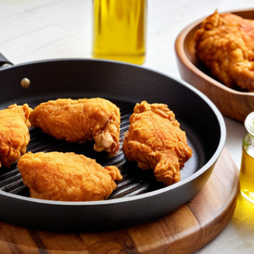 **Frying Technique**: 
   "A beautifully arranged kitchen scene showcasing a frying pan with golden, crispy fried chicken. The background includes a bottle of palm oil and olive oil, highlighting the importance of choosing the right oil for frying. The atmosphere is warm and inviting, emphasizing the joy of cooking."