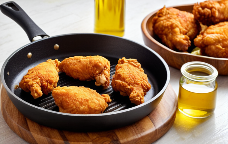 **Frying Technique**:
"A beautifully arranged kitchen scene showcasing a frying pan with golden, crispy fried chicken. The background includes a bottle of palm oil and olive oil, highlighting the importance of choosing the right oil for frying. The atmosphere is warm and inviting, emphasizing the joy of cooking."