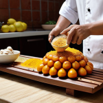 **A vibrant Malaysian kitchen scene: A chef meticulously balances spices on a 'jongkang-jongket' (seesaw) scale, representing the balance of sweet, sour, salty, bitter, and umami tastes. Fresh local ingredients like chilies, lemons, palm sugar, and 'cendawan' (mushrooms) are scattered around. The overall mood is cheerful and highlights the importance of taste-testing ("taste as you go") in Malaysian cuisine.**