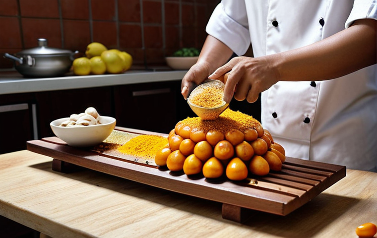 **A vibrant Malaysian kitchen scene: A chef meticulously balances spices on a 'jongkang-jongket' (seesaw) scale, representing the balance of sweet, sour, salty, bitter, and umami tastes. Fresh local ingredients like chilies, lemons, palm sugar, and 'cendawan' (mushrooms) are scattered around. The overall mood is cheerful and highlights the importance of taste-testing ("taste as you go") in Malaysian cuisine.**