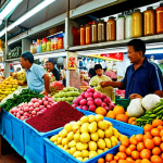**A vibrant local market in Malaysia:** Capture the bustling atmosphere with vendors selling fresh produce, exotic fruits, and colorful spices. Focus on the interactions between locals and the unique ingredients found only in Malaysian markets.