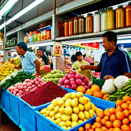 **A vibrant local market in Malaysia:** Capture the bustling atmosphere with vendors selling fresh produce, exotic fruits, and colorful spices. Focus on the interactions between locals and the unique ingredients found only in Malaysian markets.