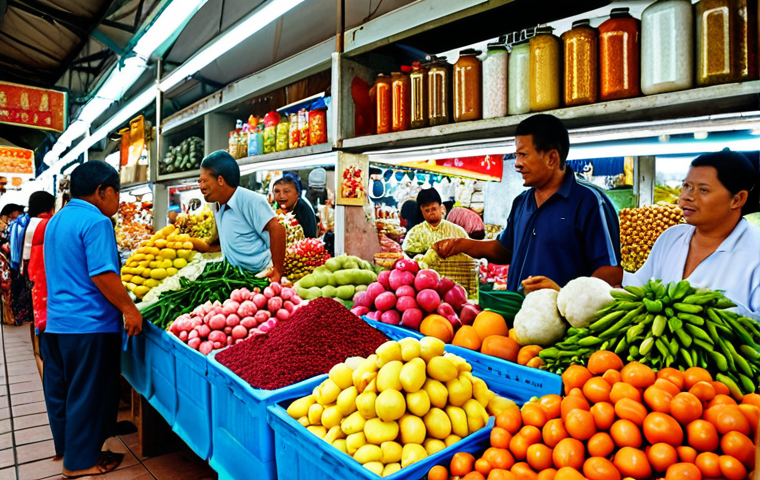 **A vibrant local market in Malaysia:** Capture the bustling atmosphere with vendors selling fresh produce, exotic fruits, and colorful spices. Focus on the interactions between locals and the unique ingredients found only in Malaysian markets.